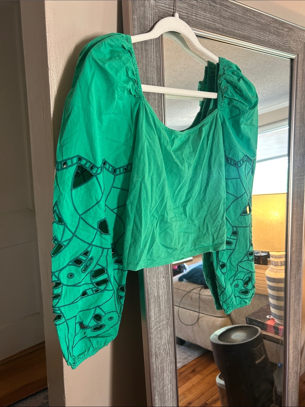 Green Puff Sleeve Cutout Top